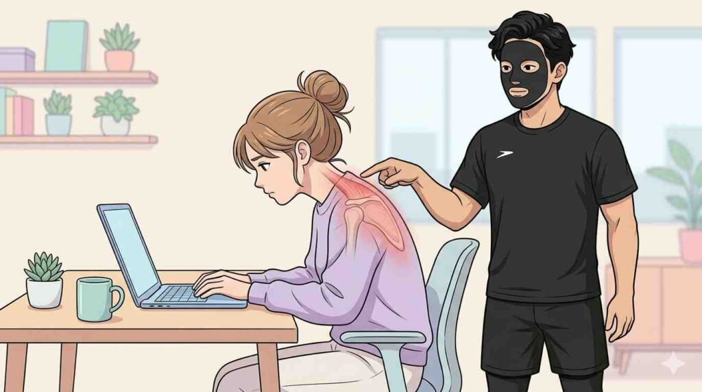 女性クライアントの肩こりの原因を示すブラック太郎