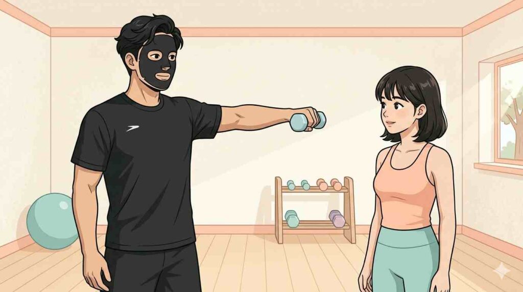 女性クライアントの肩こりを筋トレで改善させるブラック太郎