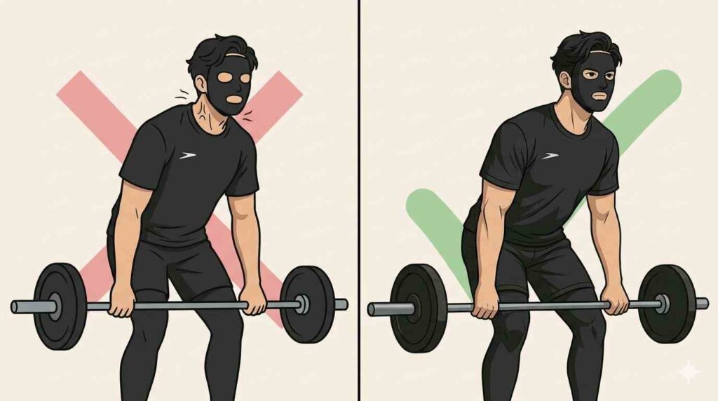 肩こり予防の筋トレでよくある間違いフォームを示すブラック太郎