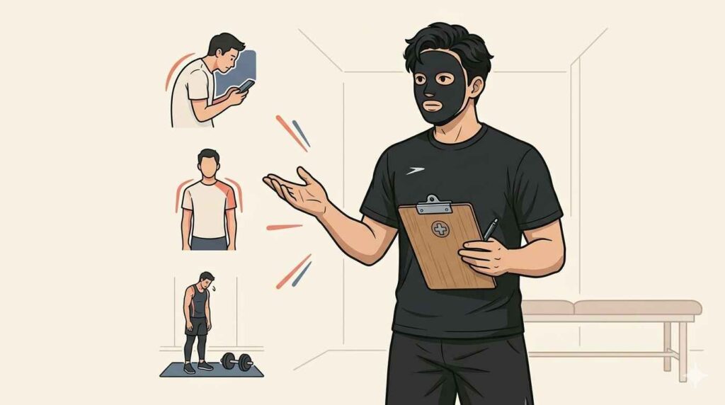 肩こり再発のメカニズムを説明するブラック太郎