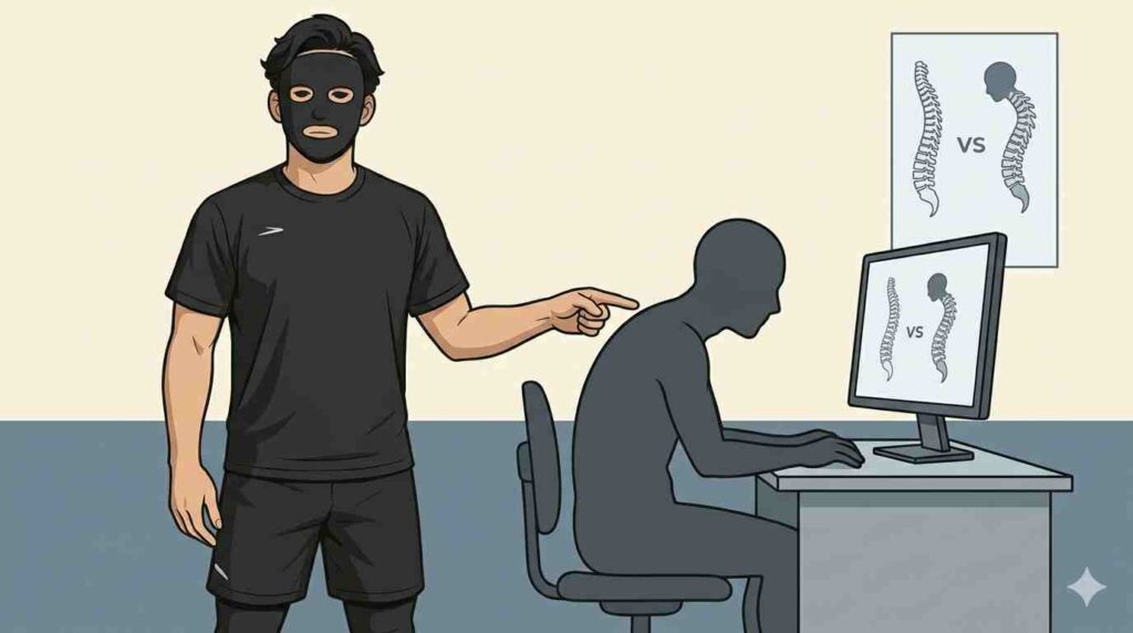 肩こり改善に筋トレと日常生活が重要だと示すブラック太郎