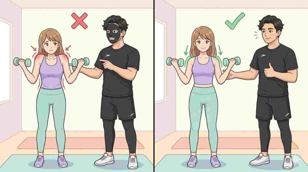 肩こり改善筋トレのNGパターンを指導するブラック太郎