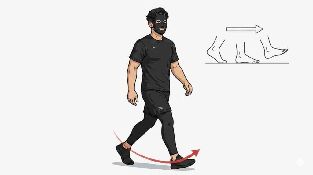 過回内歩行・親指で蹴らない歩行パターンのイメージを示すブラック太郎