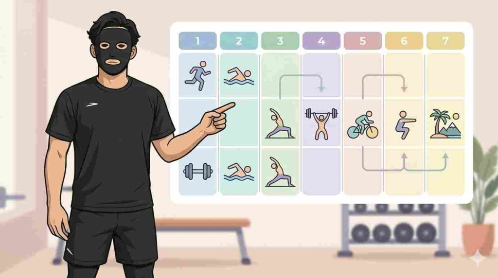 首こり肩こりをよくするための実践プログラム（スケジュール）を示すブラック太郎